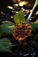Poster - spoon of caviar wrapped in a leaf on a black table top view, Generative AI technology.