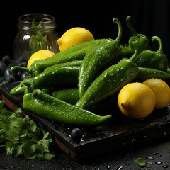 Wall Mural - green pepper and yellow chilies with a knife on a table, Generative AI technology.