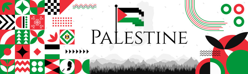 The Palestine Independence Day abstract banner design with flag and map. Flag color theme geometric pattern retro modern Illustration design. Red, green and Black color template.