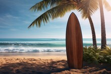Beautiful Beach And Ocean Or Sea Background With A Palm Tree Under Which There Is A Surfboard.generative Ai
