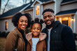 African American family in front of newly bought house ownership smile proudly at real estate success.generative ai