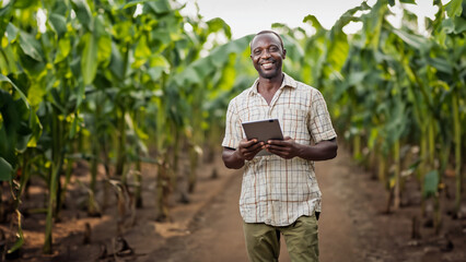 Modern male farmer in a banana plantation using a digital tablet to control indicators. Concept of agricultural business technology, automation, crop management, farming technology, smart farming