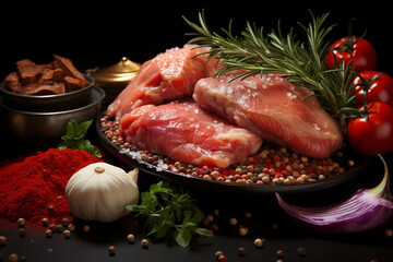 Poster - Raw chicken meat parts with spices and herbs for cooking on dark background.  Generative AI technology.