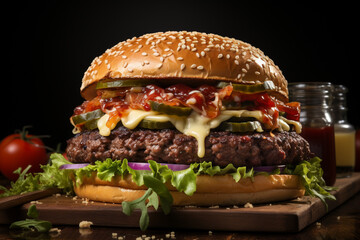 Poster - fast food hamburger, hot dog menu with burger, french fries, tomato drinks and many more Generative AI technology.