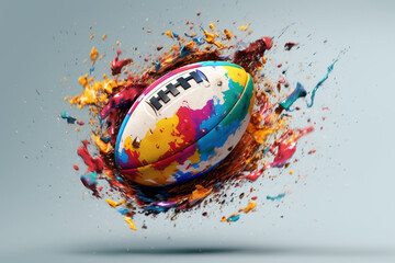 Aufkleber - A creative representation of a rugby ball splashed with colorful paint, conveying the intensity and determination of players on the field. Generative AI technology.