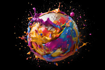 Aufkleber - An artistic representation of a golf ball surrounded by an explosion of colorful paint, evoking a sense of joy and playfulness associated with the sport. Generative AI technology.