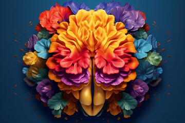Aufkleber - A digital illustration presenting a symmetrical and kaleidoscopic brain formed by overlapping flower petals, reflecting the harmony. Generative AI technology.