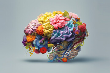 Fototapete - An impressionistic artwork showcasing a brain formed by loose brushstrokes and adorned with a scattering of delicate flowers. Generative AI technology.