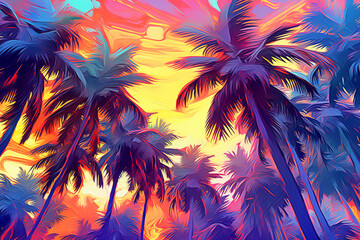 Poster - An explosion of vibrant colors characterizes this abstract image of palm trees in a surreal landscape. Generative AI technology.
