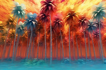 Leinwandbilder - Palm Tree Symphony: A symphony of colors and shapes, featuring palm trees in an abstract surreal landscape. Generative AI technology.
