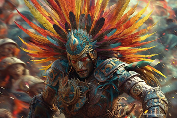 Poster - Battle of the Elements: A dynamic image showcasing an abstract Aztec warrior engaged in a battle surrounded by elemental forces. Generative AI technology.
