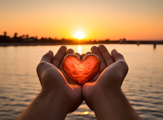 Wall Mural - Hands hold heart before a setting sun over lake, silhouette nature, golden orange light. Love and serenity.