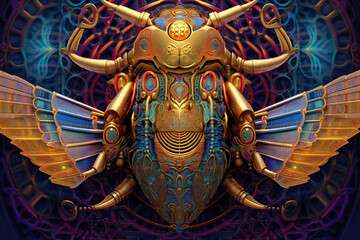 Poster - Scarab's Resilience: An intriguing image of an abstract Egyptian God associated with the scarab beetle. Generative AI technology.