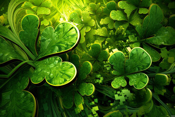 Poster - An abstract image featuring vibrant green hues and intricate patterns that form a collection of shamrocks, the iconic symbol of St. Patrick's Day. Generative AI technology.