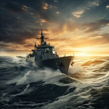 Warship Frigate On The High Seas. Threat. War, Military Maneuvers