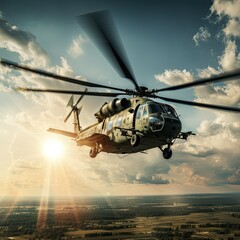 military helicopter in the sunset sky among the clouds