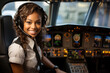 Portrait of an African American woman pilot in the cockpit of the airplane.
