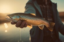 Man Holding Trout. Generate Ai