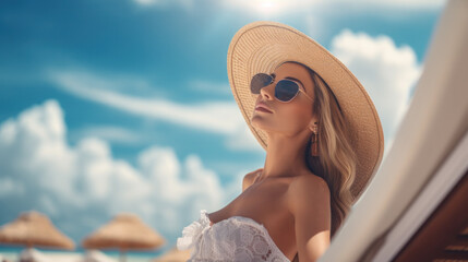 fashion photo of beautiful tanned woman with blond hair in elegant white bikini relaxing on white chair in tropical island with perfect beach.