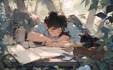 A Boy Reading A Book With His Cat Curled Up Beside Him