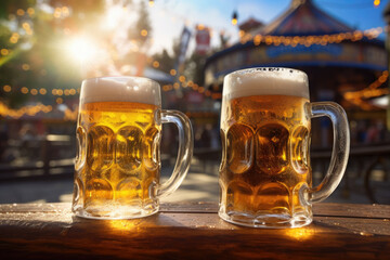 Two mugs of beer on wooden table with street cafe background. Drinking alcohol at open air party in autumn season