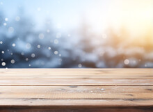 Abstract Empty Wooden Table Top With Copy Space Over Christmas Winter Bokeh Blurred Light Background