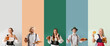 Collage of happy German people in traditional clothes, with tasty beer and snacks on color background
