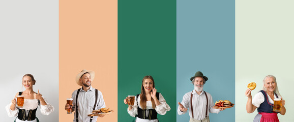 Poster - Collage of happy German people in traditional clothes, with tasty beer and snacks on color background