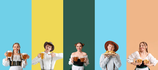 Poster - Collage of happy German man and woman in traditional clothes, with tasty beer and snacks on color background