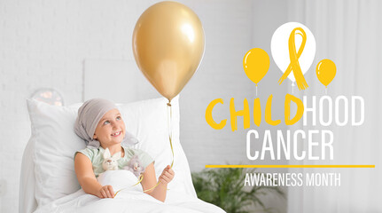 Poster - Little girl with golden balloon undergoing course of chemotherapy in clinic. Banner for Childhood Cancer Awareness Month