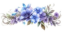 Flower Arrangement Is Painted. Isolated Floral Frame Or Corner In Blue Tones. Digital Art Composition. Illustration For Cover, Postcard, Interior Design, Fashion Accessories, Decor Or Print.