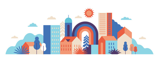 Poster - Vector simple flat illustration, summer vacation, tropical hotel,  geometric summer pattern and banner, sun travel, landscape with island scenery with houses, horizontal banner