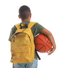 Sticker - Little African-American schoolboy with ball and backpack on white background, back view