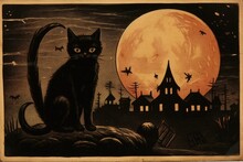 Vintage Halloween Postcard With A Black Cat, Haunted House And Full Moon In The Background.