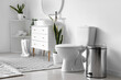 © Pixel-Shot - White toilet bowl and metallic trash bin in interior of light bathroom