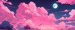 Night sky with pink clouds and full moon in anime style. Banner format.