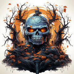 Wall Mural - Detailed and lush vector illustration of Halloween celebration of ancient trees with a skull in t-shirt design. Halloween t-shirt designs that capture the essence of the festive spirit.