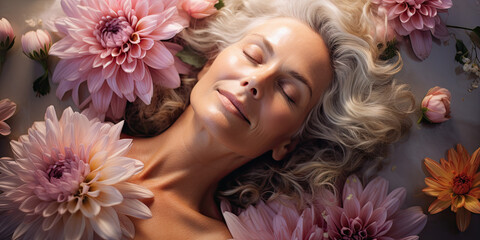 mature woman with gray hair, beauty shooting with pink flowers