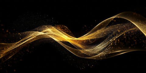 Fototapete - Golden Wave: Glittering Artistry on Black Background. Flickering Light and Tangled Forms