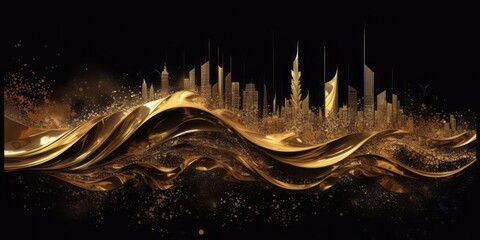 Fototapete - Golden Wave: Glittering Artistry on Black Background. Flickering Light and Tangled Forms