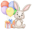 A cute bunny with balloons and a gift