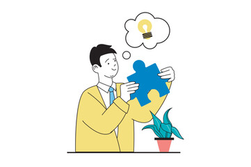 Leinwandbilder - Brainstorming concept with people scene in flat web design. Man solving puzzle, thinking and inspiring, generating ideas and solutions. Vector illustration for social media banner, marketing material.
