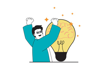 Poster - Brainstorming concept with people scene in flat web design. Man thinking and getting inspiration, generating ideas and new solutions. Vector illustration for social media banner, marketing material.