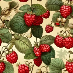 Wall Mural - Raspberry plant old style seamless pattern.