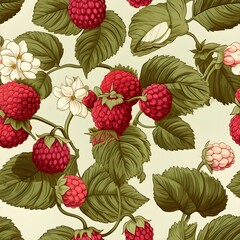 Wall Mural - Raspberry plant old style seamless pattern.