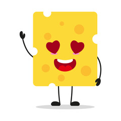 Wall Mural - Cute happy cheese slice character. Funny fall in love food cartoon emoticon in flat style. cheese slice emoji vector illustration