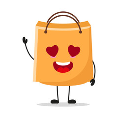 Wall Mural - Cute happy shopping bag character. Funny fall in love paper bag cartoon emoticon in flat style. bag emoji vector illustration