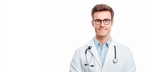 Wall Mural - Male doctor wearing white long sleeved medical uniform. Banner with copy space. Isolated on white