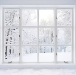 A residential window framed by a serene landscape of snow-covered surroundings and towering trees. The windowpane captures the tranquility of a winter scene, where the pristine white snow blankets