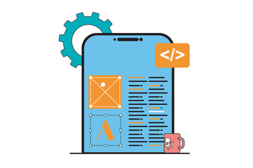 App development concept with people scene in flat web design. Coding and engineering application, optimization and product release. Vector illustration for social media banner, marketing material.